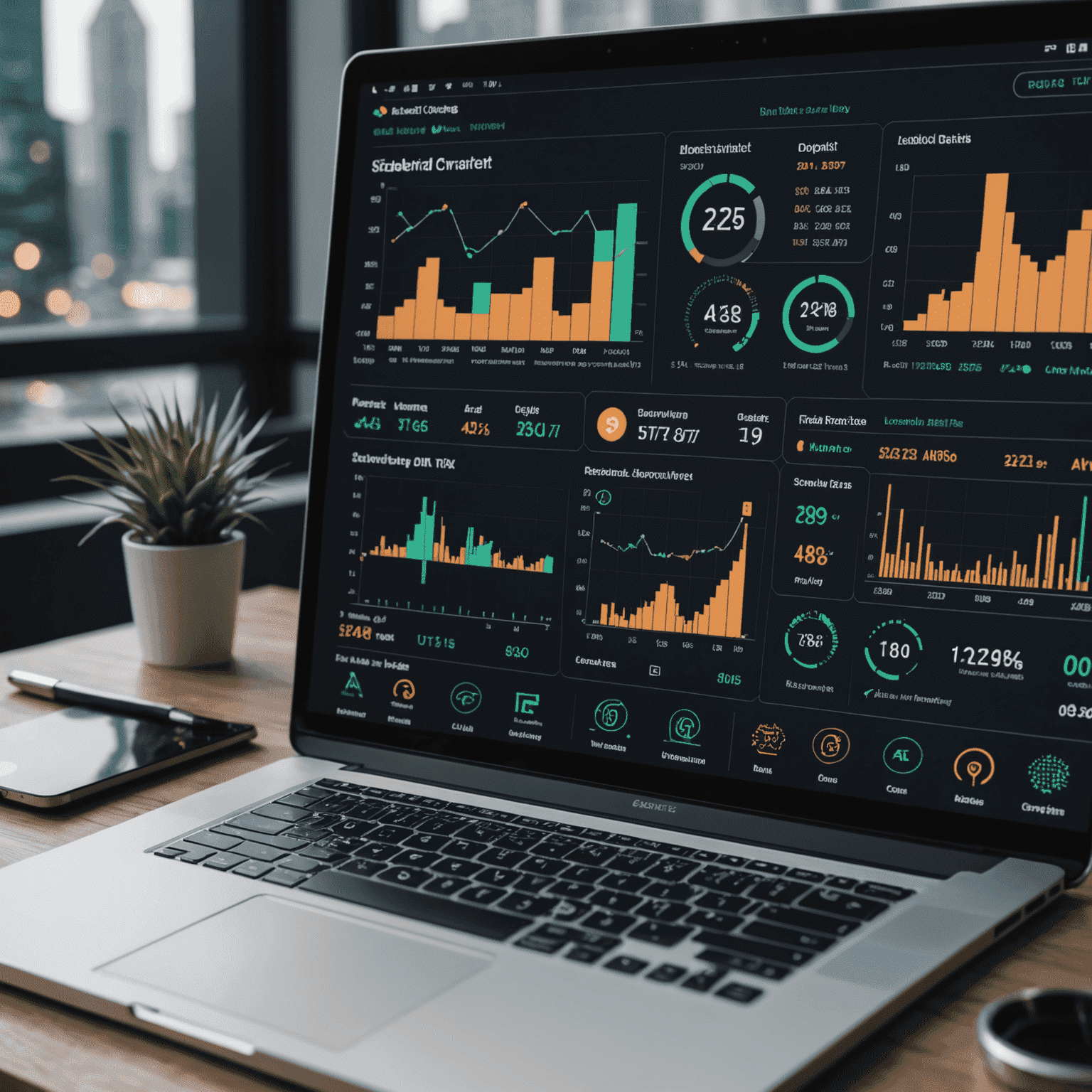 A futuristic dashboard showing various cryptocurrency charts, AI analysis tools, and smart contract interfaces. The image represents the cutting-edge technology used in decentralized asset analysis and investment strategies.