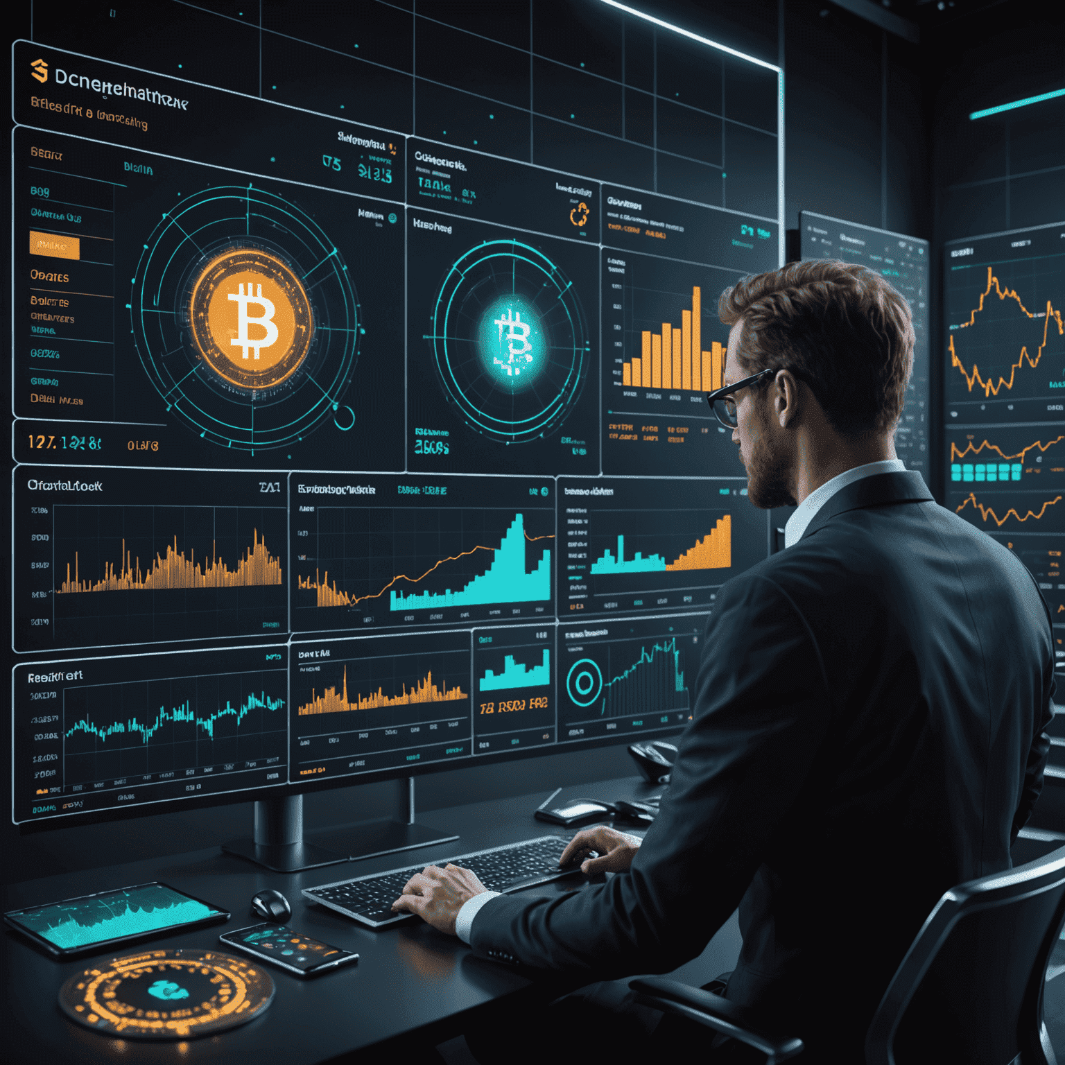A futuristic visualization of AI analyzing cryptocurrency charts and graphs, with holographic displays showing various digital assets and trading patterns