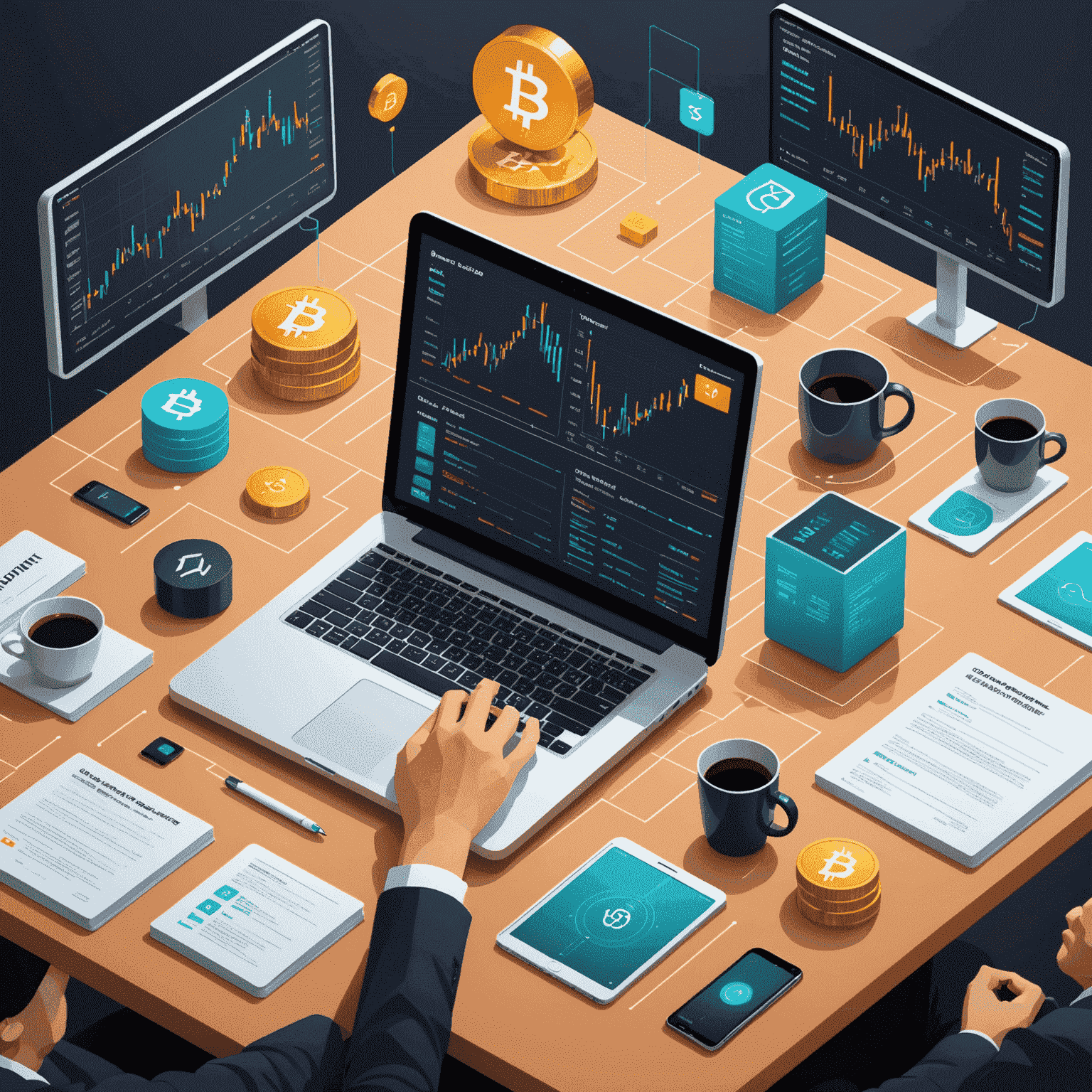 Illustration of smart contracts interacting with various quantitative trading elements, showing code snippets, charts, and cryptocurrency symbols