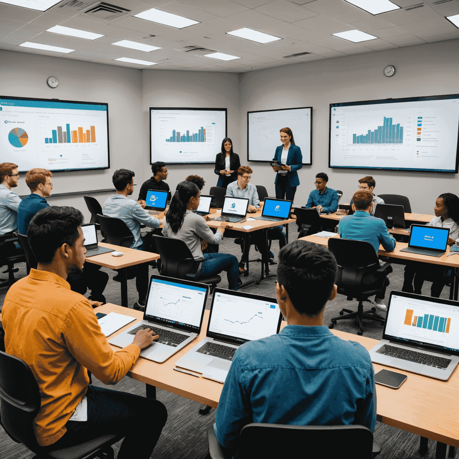 A diverse group of students engaged in a virtual classroom setting, using tablets and laptops to analyze digital asset charts and smart contract code. The image showcases the interactive and technology-driven nature of the GMGN Quant Digital Learning Platform.
