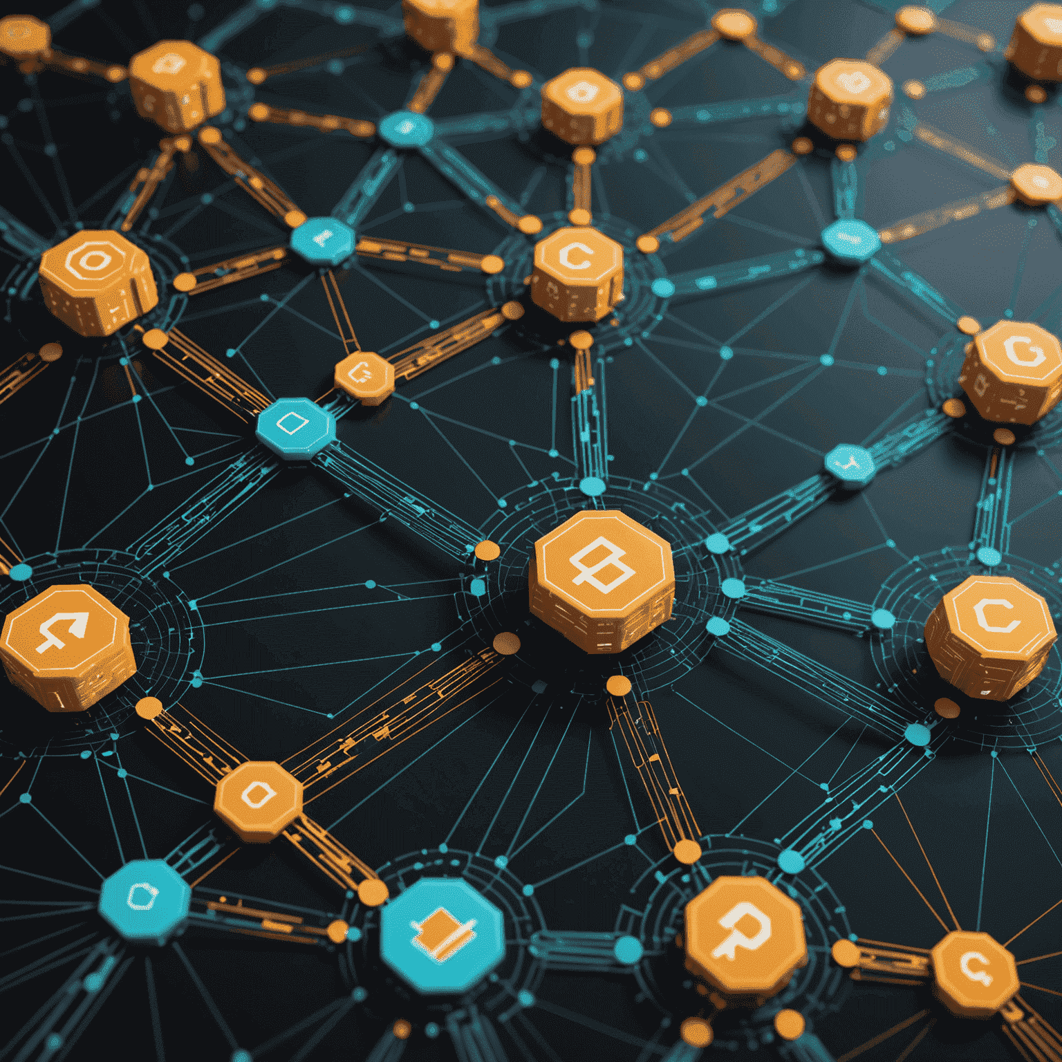 Futuristic visualization of AI-powered smart contracts interacting with multiple blockchain networks, showing data flows and trading signals