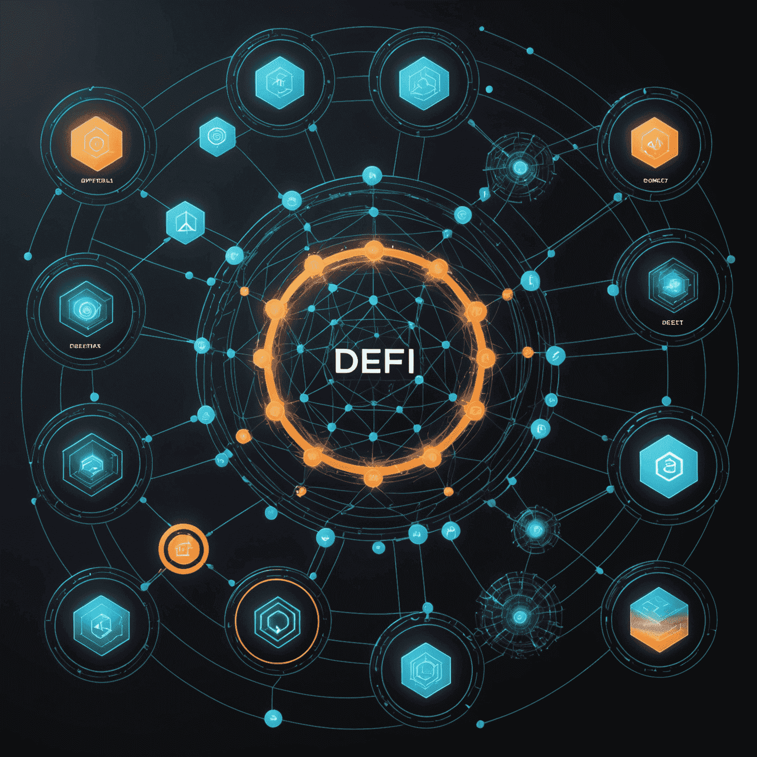 Futuristic visualization of a DeFi ecosystem, showing interconnected protocols, AI-driven analysis tools, and various digital assets flowing through the network