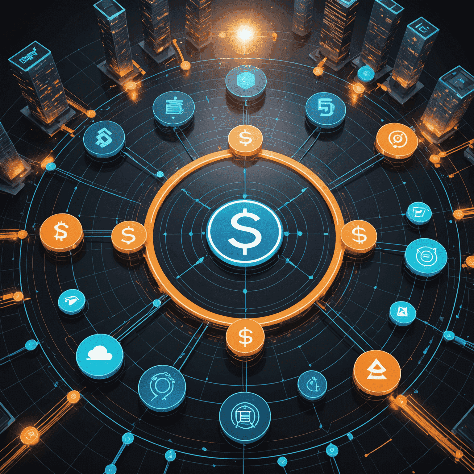 Decentralized Finance ecosystem with interconnected financial instruments and platforms